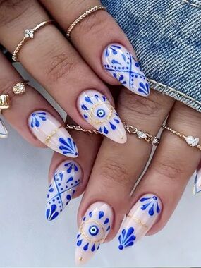 Blue & White Nail Art Set — 24 pcs Evil Eye Design
